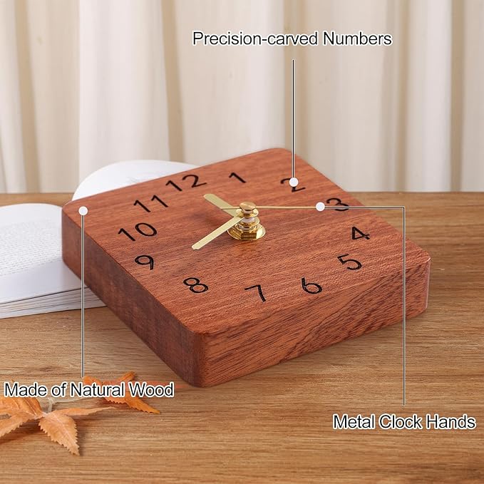 Kattepote Wooden Table Clock on Stand, Decorative Battery Operated Desk and Shelf Clock, Silent Non-Ticking Desktop Clock for Office, Living Room or Bedroom Decor, Square Shape, Sapele Wood