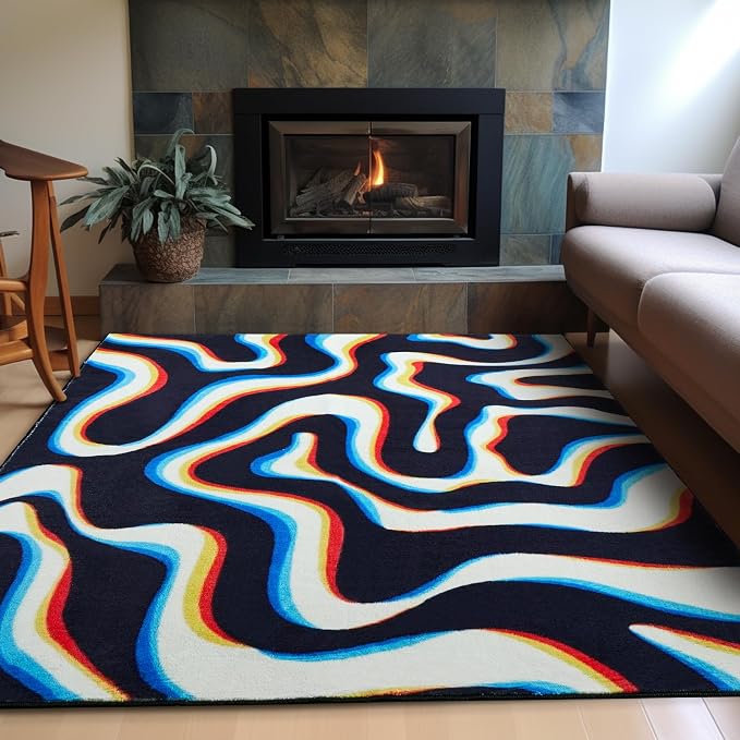 Trippy Abstract 6x9 Area Rug Ultra Thin Flatweave Funky Aesthetic Minimalist Cute Living Room Rug Colorful Black White, Retro Cool Washable Carpet for Kitchen Entryway Bedroom Office Dorm