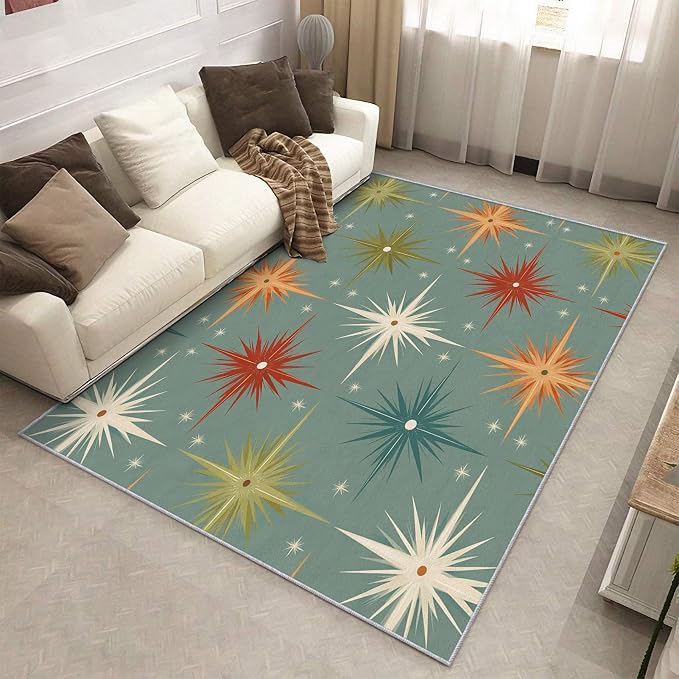 Mid Century Modern Rugs for Living Room Decor, 3x5 ft, Retro Atomic Geometric Area Rugs for Bedroom, Soft Non Slip Washable 1950s MCM Starburst Carpet Home Decorations D-g48