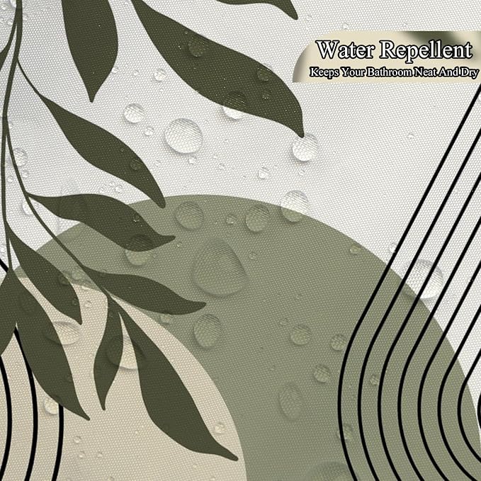 Boho Sage Green Shower Curtain Mid Century Modern Abstract Plant Botanical Bathroom Curtain Minimalist Neutral Geometric Arch Bath Decor Polyester Set with Hooks 72x84 inch