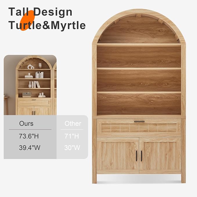 Turtle&Myrtle 73" H Large Arched Bookshelf，5-Tier Arch Bookcase with Doors，Mid Century Modern Book Shelf with Drawers，Wood Bookshelf w/Open Display Shelves for Living Room, Office (Natural)