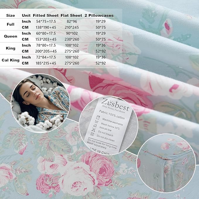 Zusbest Blue Floral Sheets Set Full Size 100% Cotton Pink Flowers Bed Sheet Shabby Vintage Chic Bedding Romantic Pastoral Style Original Design Soft Luxury Deep Pocket Fitted Sheet 17.5'', 4 Pcs