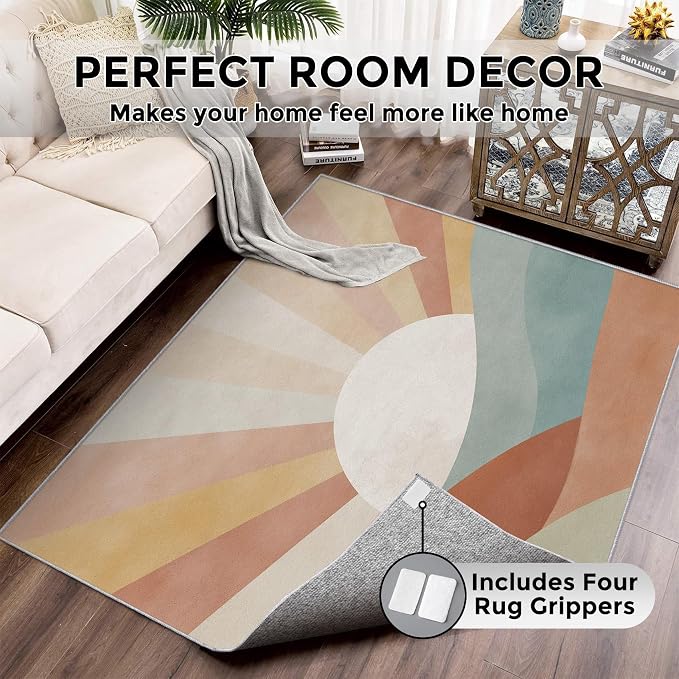 5x8 Boho Sun Rugs for Bedroom Decor, Washable Retro Sunrise Pattern Area Rug, Living Room Home Decoration, Non Slip Soft Thin, Mid Century Modern Decor Carpet PF-P 117