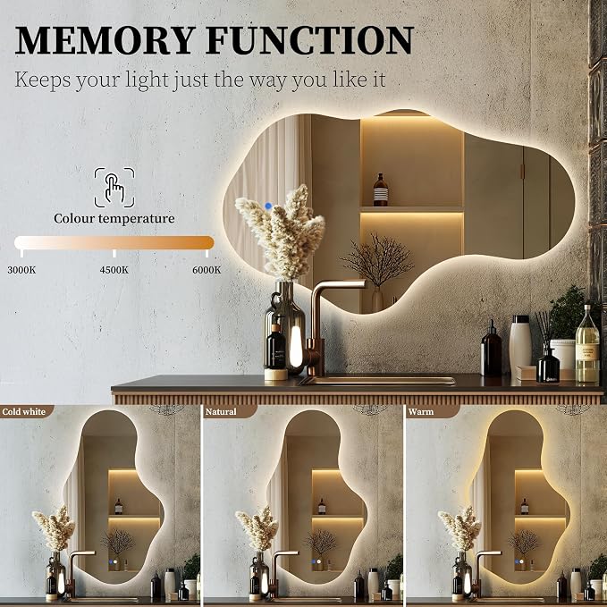 Irregular LED Bathroom Mirror with Lights, Backlit Vanity Mirror for Wall, Asymmetrical Wall Mirror, 3 Color Dimmable Anti-Fog Smart, Decorative Mirror for Bathroom, Entryway(22″ x 36″, 1 Pack)