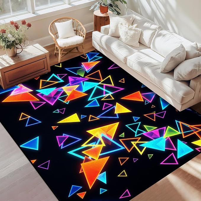 Triangle Area Rug 4'x6' Blacklight Glow in The Dark Geometric Rug Non-Slip Washable Colorful Neon Light Floor Mat for Bedroom Living Room Nursery Kitchen Playroom Home Decor