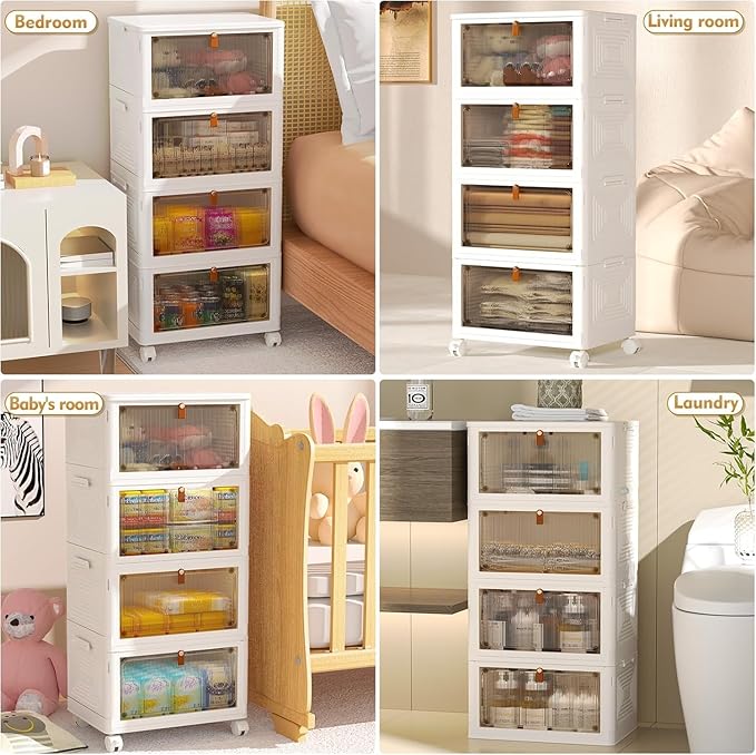 4 Tier Plastic Storage Bins with Lid 23QT, Stackable Storage Containers with Wheels, Folding Storage Boxes, Stackable Storage Bins, Organizers and Storage for Living Room,Office,Dorm