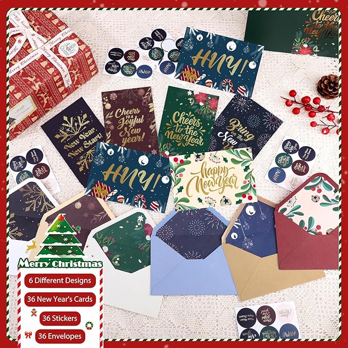 Thboxes New Year Cards with Envelopes, 36 Pack 4x6in Happy New Year Greeting Cards, Gold Foil Happy Holiday Card with Stickers, Christmas Card, 6 Assorted Design