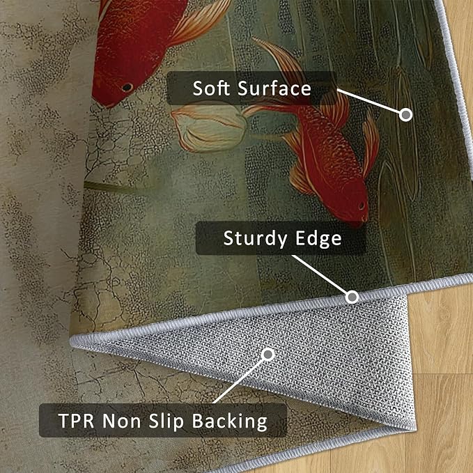 Lotus Flower Runner Rug 3x9, Koi Fish Design, Asian Art Area Rug, Washable Carpet Runner for Bedroom, Standard Hallways, Kitchen Walkway, Dining Room Sideboard