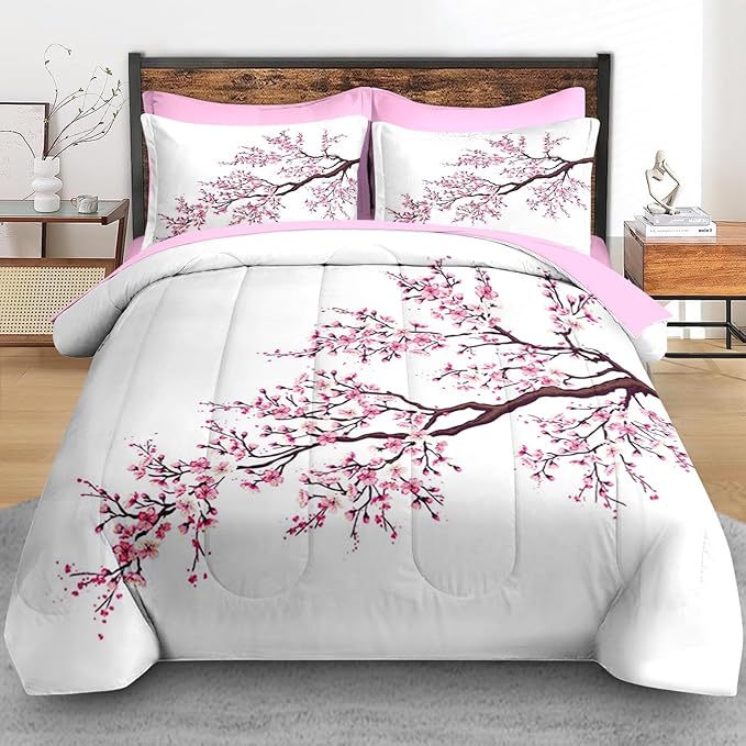 Comforter Set Queen Size, Japanese Cherry Blossom 7 Pcs Bedding for Kids and Adults, Flower Painting Pink Bed Sheet Sets with Fitted Sheet 2 Pillowcase & 2 Sham for Bedroom Bed Decor