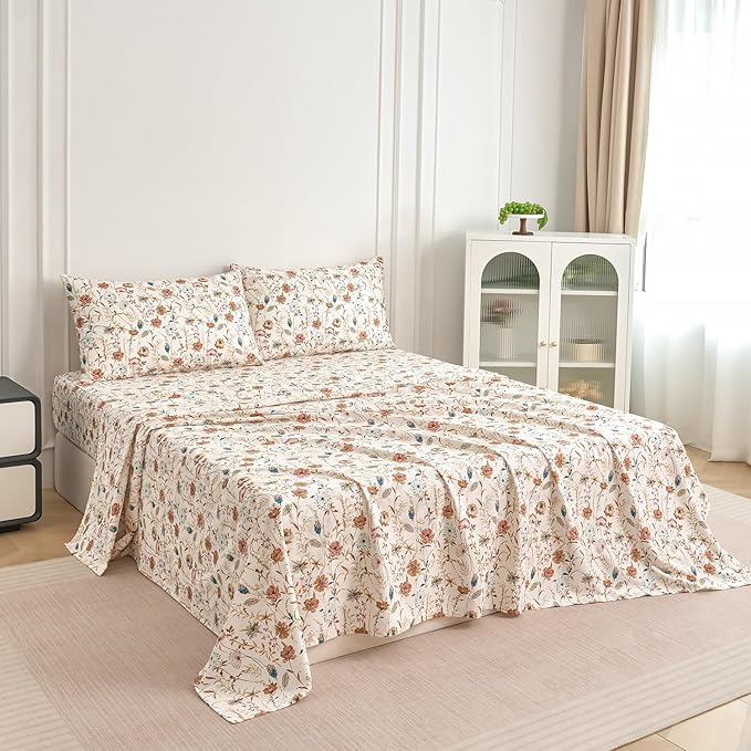 Zusbest King Sheets Set 100% Percale Cotton - Boho Floral Botanical Printed Bedding with Deep Pocket 17.5'', Vintage Burnt Orange & Teal Design, 4-Piece Soft Breathable Sheets