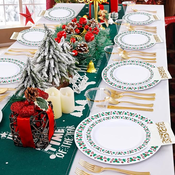175pcs Christmas Party Supplies - 25 Plastic Plates, 25 Gold & Silver Disposable Plastic Silverware, Clear Gold Cups for Christmas