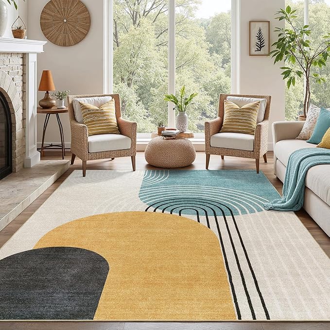 DCX Machine Washable 8x10 Area Rugs, Midcentury Modern Non Slip Stain Resistant Rug 8x10 for Living Room, Playroom, Dining Room, Soft Low Pile Large Carpet, Blue & Yellow