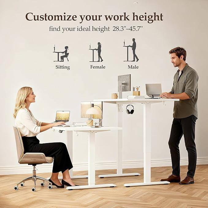 Klicelor 60 Inch Large Electric Standing Desk, Height Adjustable Office Desk, Sit Stand Up Computer Gaming Desk with Memory Preset, Two-Piece Desktop, White