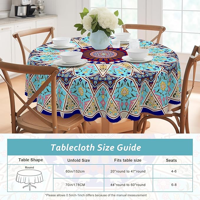 Eikione Boho Round Tablecloth 70inch, Tablecloth Waterproof and Wrinkle-Free, Boho Table Covers, Summer Decorations for Home