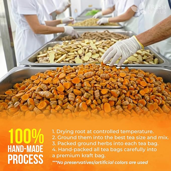 FreshDrinkUS, Premium 135 Turmeric Ginger Tea Bags, 100% Natural Ingredients, Hand-made Blend of Turmeric and Ginger Herbal Tea, Eco-conscious Tea Bags. No Sugar, No Caffeine, No Gluten, Vegan.