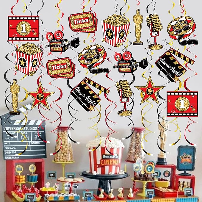 Movie Night Hanging Swirl Set Party Decorations, 48 Pcs, Hollywood Theme with Popcorn Trophy Microphone Film Reel Party Supplies Sign, Red Black Gold