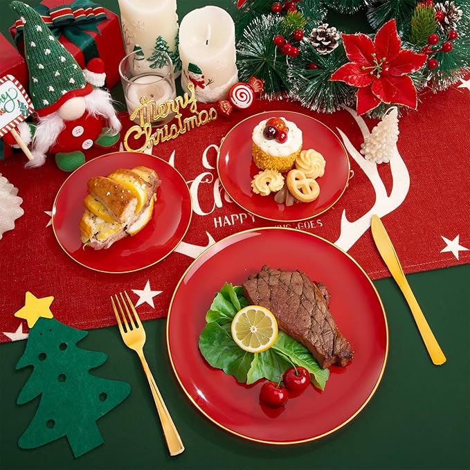 WDF 150Pcs Red Plastic Plates - Red Plates Disposable - 25Guest Christmas Dinnerware Include 25 Dinner Plate, 25 Dessert Plate, 75 Cutlery & 25 9oz Cups for Christmas & Parties