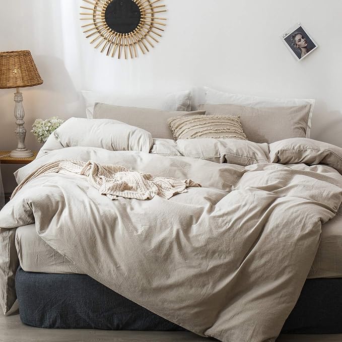 MooMee Bedding Duvet Cover Set 100% Washed Cotton Linen Like Textured Breathable Durable Soft Comfy (Heathered Tannish Linen Grey, Oversized Queen 98"x98")
