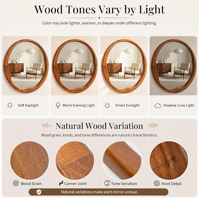 Walnut Round Wall Mirror 30 Inch, Large Solid Wood Framed Mirror with Wavy Inner Edge, Mid-Century Decor for Living Room, Dining Room & Entryway