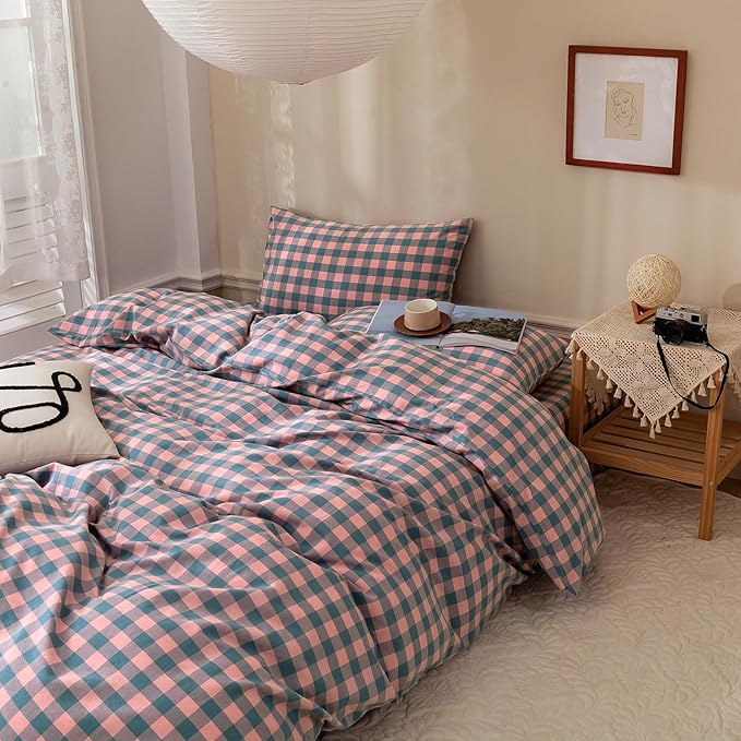 LifeTB Purple Pink Plaid Comforter Set Full Geometric Checkered Pattern Comforter Boho Grid Plaid Printed Bedding Comforter Set Fluffy Soft Lightweight Bedding Comforter Full Size with 2 Pillowcases