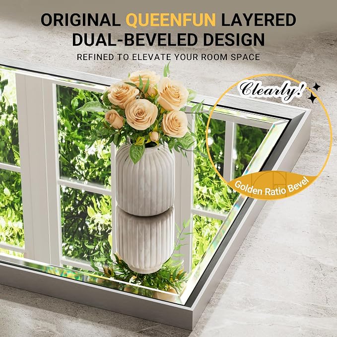 72'' x 36'' Large Beveled Silver Bathroom Vanity Mirror, Shatterproof Rectangle Silver Metal Framed Mirror for Bathroom Wall, Anti-Rust Wall-Mounted Mirror