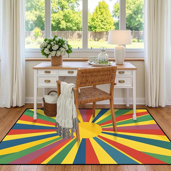 Rainbow Sunburst Area Rug Colorful Geometric Sun Carpet Soft Non-Slip Washable Floor Mat for Entryway Bedroom Living Room Nursery Playroom Classroom Home Decor,3'x5'