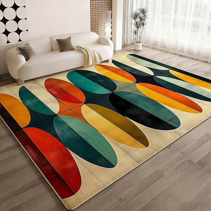 9x15 Geometric Rug, Mid Century Modern Rug for Living Room, Colorful Geometric Rugs, Mid Century Rugs, Abstract Carpet, Non-Slip Washable Carpet, Abstract Bedroom Kitchen