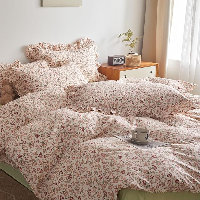 HighBuy Pink Floral Ruffle Comforter Set Twin XL Size Country Style Bedding Comforter Set Twin XL Smooth Soft for Teen Girls 3 Piece Boho Comforters with 2 Pillowcases,Easy Care
