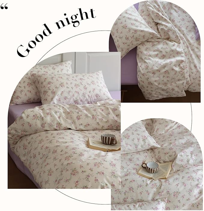 LifeTB Pink Floral Duvet Cover Set Full Soft Cotton Cute Pink Flower Duvet Cover with 2 Pillowcases Garden Floral Girls Cottagecore Bedding Set Flower Botanical Vintage Country Comforter Cover Full