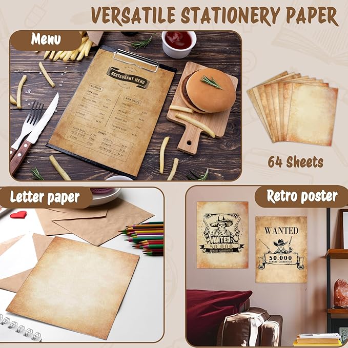 Tlenpo Vintage Stationery Paper 64 Sheets, 8.5 X 11in Antique Stationary Paper for Writing, Letter Size Printer Paper, Decorative Old Look for Invites Resume, 8 Designs