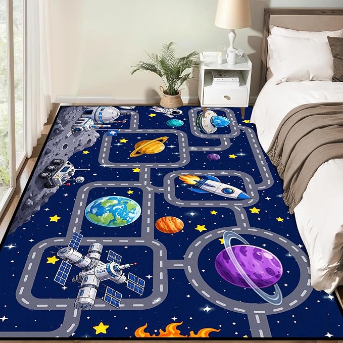 Outer Space Rug Astronaut Road Map Area Rug for Bedroom Living Room Nursery Kitchen Playroom Home Decor Washable Educational Floor Mat Galaxy Themed Carpet,4'x6'