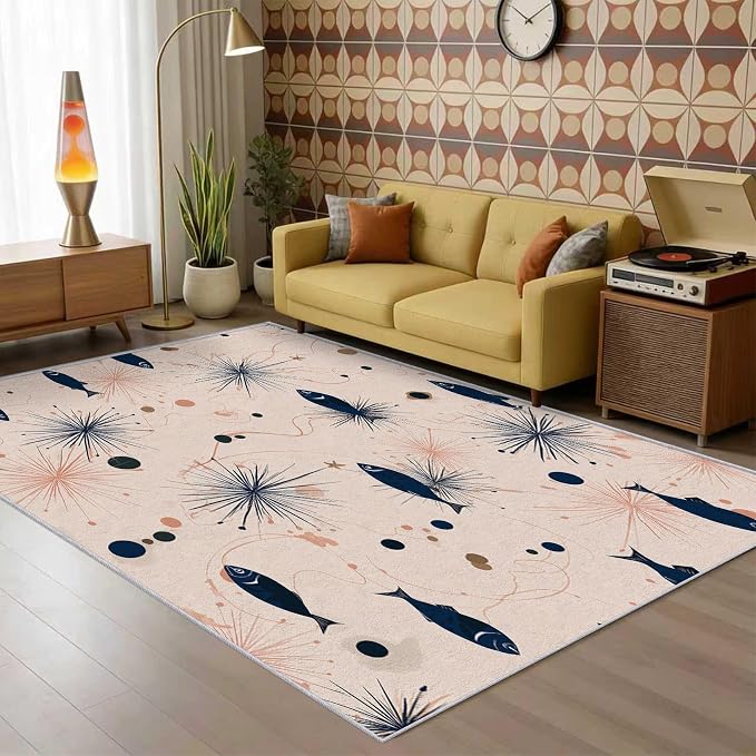 Mid Century Modern Rug 6x8 Starburst Atomic Fish Retro Pattern Area Rugs for Living Room, Bedroom, Mid Century Modern Home Decor Accessories Indoor Carpet, Non Slip & Machine Washable