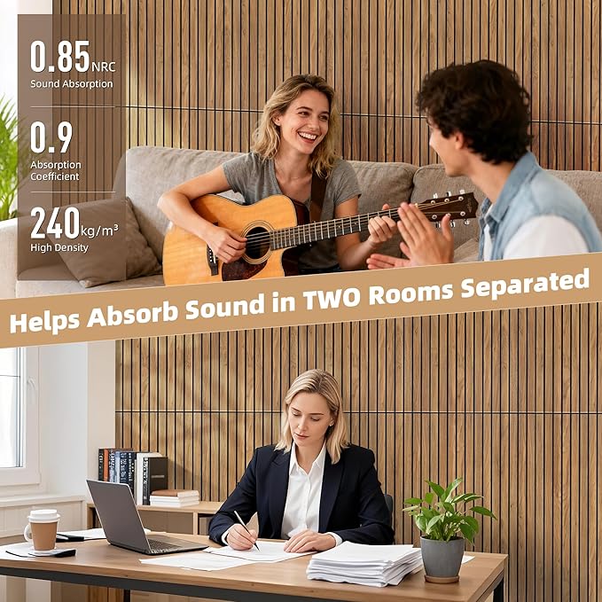 TO-TH Wood-Look Sound Panels, 4 Pack 47.2” x 23.6” Soundproof Wall Panels, Decorative Acoustic Panels,Wood Panels for Wall for Home, Office, Basement, Rustic Teak