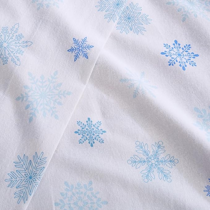 Market & Place 100% Turkish Cotton Flannel Sheet Set | 3 Piece Deep Pocket Novelty Cozy Winter Bed Sheets | Double Brushed for Extra Softness & Comfort | Alpine Collection (Twin, Blue Snowflake)