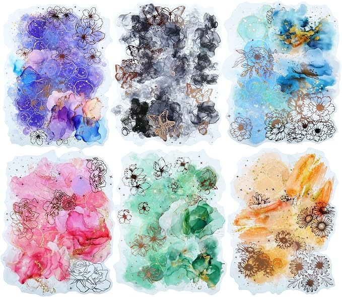 AuriicLeaf Watercolor Floral PET Sticker Set, 60PCS Gold Foil Flower Stickers for Scrapbooking, Journaling, DIY Crafts, Decorative Collage, Planner, and Art Supplies