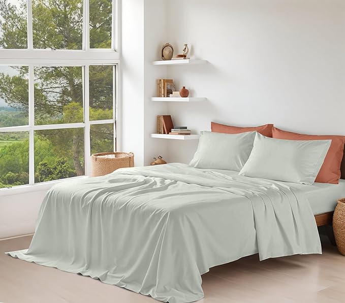 RUVANTI 100% Organic Cotton Sheets Twin Size, Percale Weave, GOTS Certified, 3-Piece Set, Deep Pocket 15", Crisp & Breathable, Soft Durable Bedding, Sábanas Algodón Orgánico – Mineral Gray