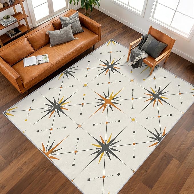 Atomic Rugs for Bedroom 5x7 ft, Mid Century Modern Area Rugs for Living Room, Washable Non Slip Low Pile Starburst Carpet, Home Decor PF-P 107