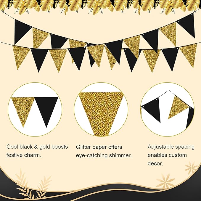 4Pcs Black Gold Glitter Triangle Flag, New Year 2026 Birthday Christmas Graduation Party Decor Banner, Black Gold Pennant Banner Paper Bunting Hanging Decor for New Year Holiday Party Supplies
