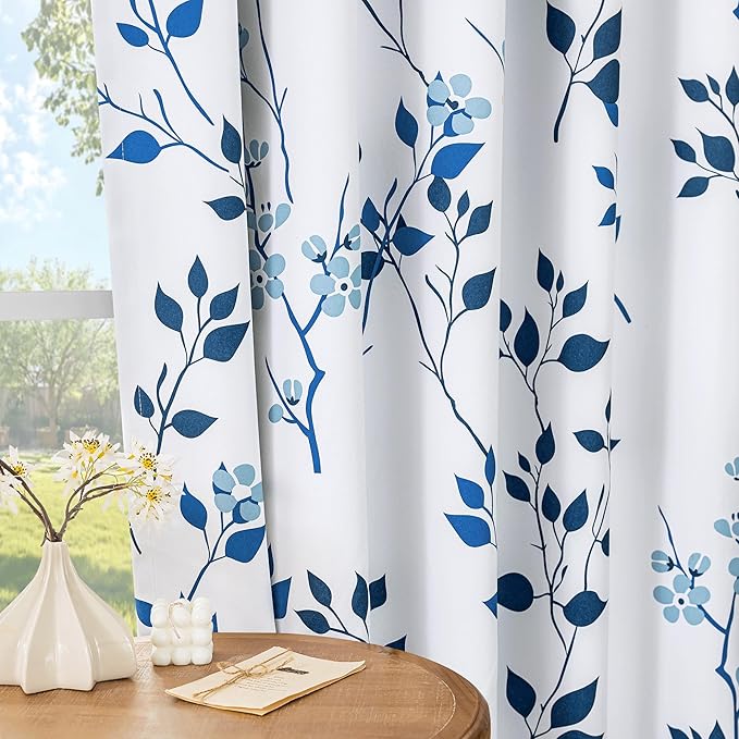 Beauoop Floral 100% Blackout Curtains 96 Inches Long 2 Panels for Bedroom Living Room Navy Blue and White Flower Patterned Room Darkening Thermal Soundproof Grommet Window Treatments Drapes, 52X96