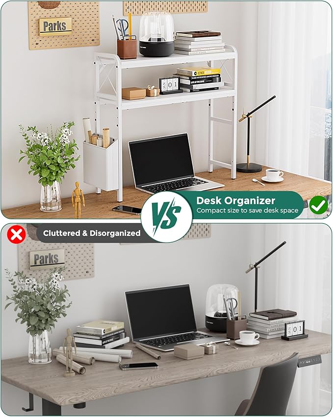 VERSASKY Desktop Shelves, Monitor Stand with Adjustable Shelves and Side Pockets, 2-Tier Desktop Bookshelf Organizer, Large Capacity Display Shelf Rack, Desk Hutch for Home Office, Study Room, White