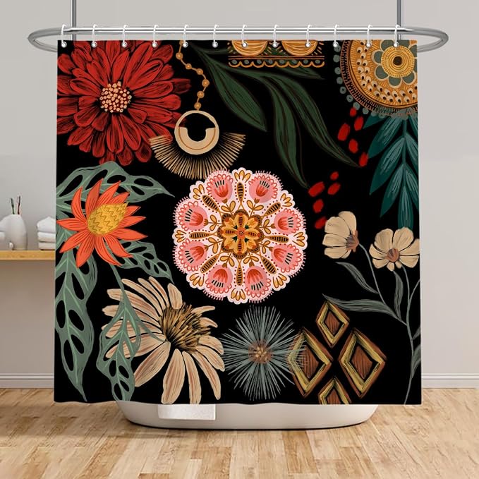 Black Boho Floral Shower Curtain Abstract Botanical Mid Century Modern Bathroom Decor Tropical Flower Shower Curtain with 12 Hooks,72x84 inches