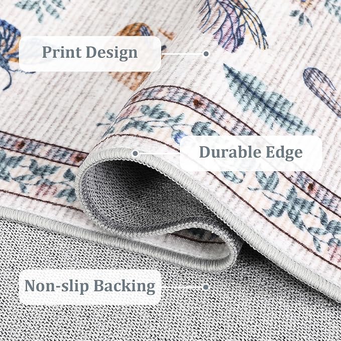 9x12 Washable Area Rugs Living Room Large Rug Boho Vintage Floral Carpet Soft Bedroom Indoor Floor Mats Non-Slip Farmhouse Rustic Style Carpet for Kids Nursery Dining Room Home Decor Office, Beige