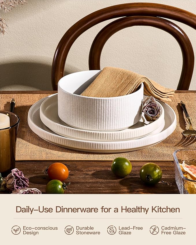 8-Piece Dinner/Salad Plates, Matte White Dish Set for 4 | Chip & scratch resistant stoneware dinnerware. Microwave & dishwasher safe. Handcrafted reactive glaze. For daily & serving.