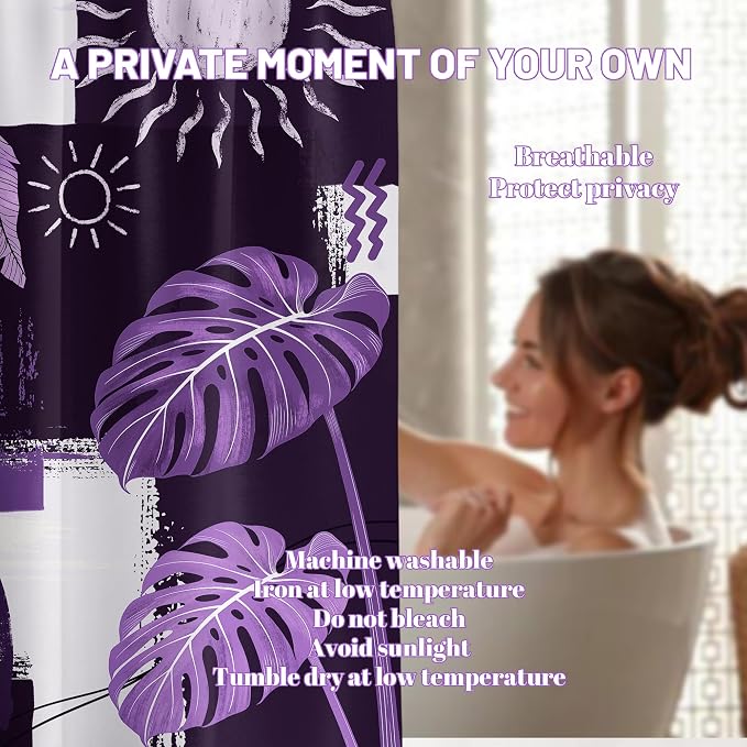 Small Stall Narrow Dark Purple Shower Curtain Lavender Stand Up Abstract Bohemian Leaf Shower Curtains for Rv Camper Bathroom Decor Sets, Waterproof Cloth Fabric with Hooks, 36 x 72 Inch