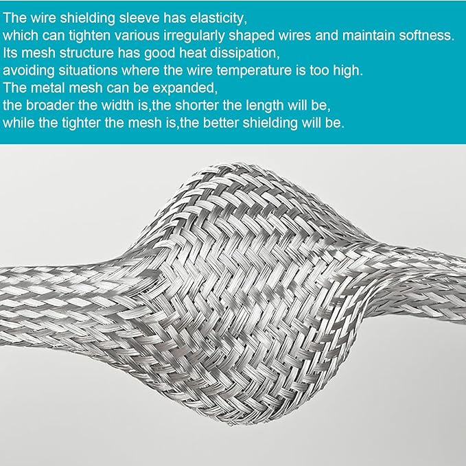 EMI RFI Shielding Wire Loom Metal Tinned Copper Grounding Braided Sheathing Cable Sleeve Mesh ESD Protection Flat Tubular Expandable (1/2" W(0.32" ID)-24FT)