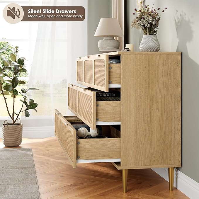 Garvee Rattan Dresser with 7 Drawers, Tall Modern Closet with Deep Storage, Large Chest of Drawers with Wide Top, Long Wooden Dresser for Bedroom, Living Room, Hallway, Kids Room, Natural