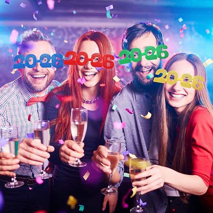 Konohan 6 Pcs 2026 New Year Eve Glasses Glitter Number Sunglasses Eyeglasses for New Years Party Supplies Festival Photo Prop(Colorful)