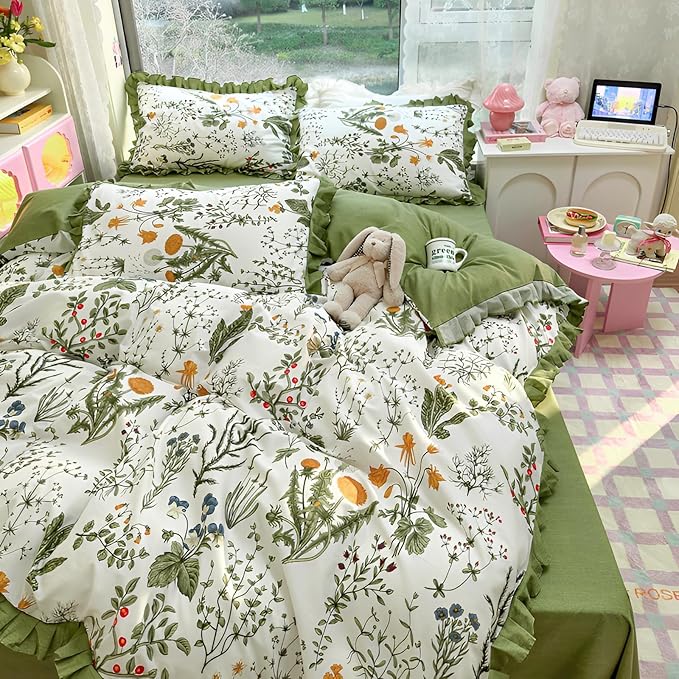 Romantic Floral Ruffle Duvet Cover Full 3 Pieces Botanical Duvet Cover Girls Flower Bedding Set 100% Cotton Vintage Floral Green Lace Bedding Flower Cottagecore Comforter Cover with 2 Pillowcases