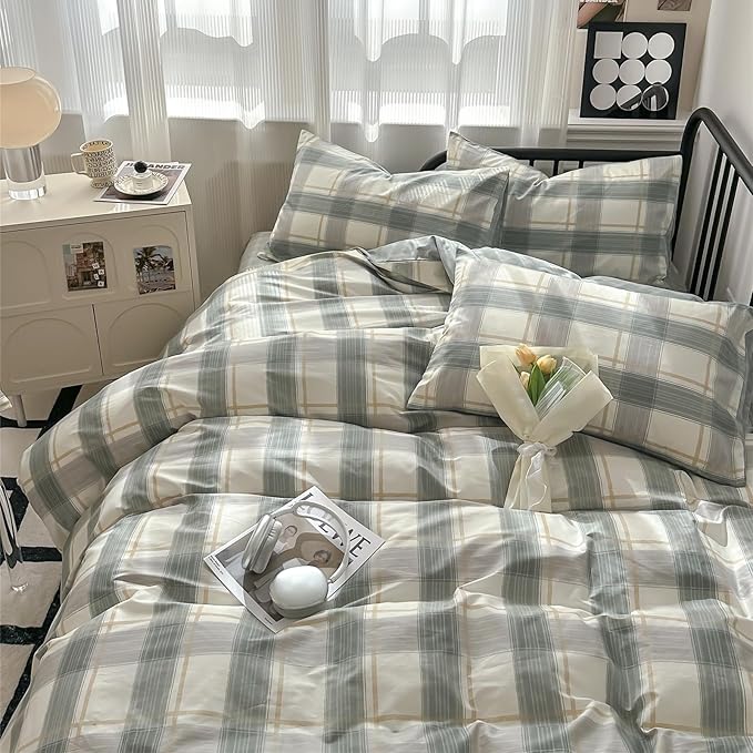 Plaid Full Size Comforter Set Geometric Plaid Grid Comforter Set Fluffy Soft Microfiber Bedding Comforter Farmhouse Checkered Comforter Set for All Season 3 Piece Plaid Bedding Comforter Set Full Size
