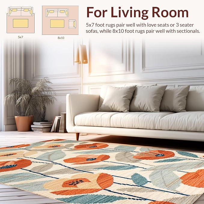 Flatwoven High Traffic Area Rug 5x7, Eclectic Boho with Abstract Floral and, Non Slip, Stain Resistant, Washable Area Rugs for Living Room, Bedroom (Orange, 5x7)